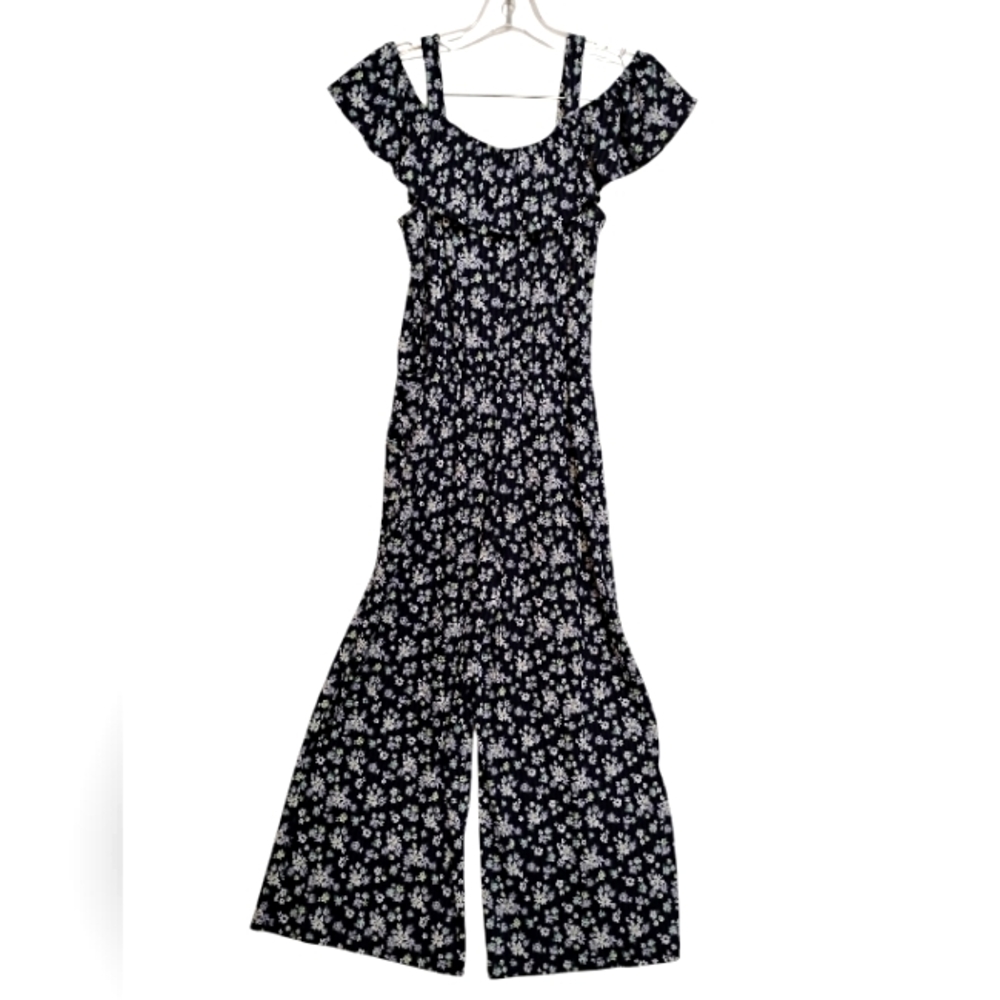 Justice Navy Blue & White Floral Jumpsuit Polyester -Spandex Ruffles L(12/14)